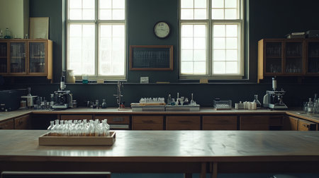 Captivating view of a well-organized laboratory featuring glassware, instruments, and a wooden counter, illuminated by natural light through large windows, ideal for research.の素材