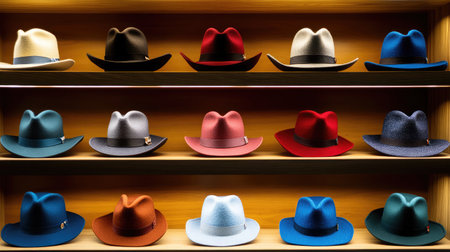 A vibrant collection of cowboy hats arranged on a wooden shelf, highlighting unique designs and colors that appeal to fashion enthusiasts and collectors alike.の素材