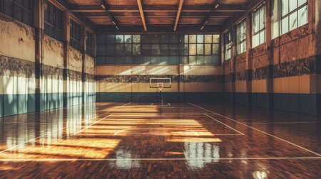 A tranquil basketball gym features polished hardwood floors and sunlight casting beautiful shadows, creating a peaceful atmosphere perfect for reflection or inspiration.の素材