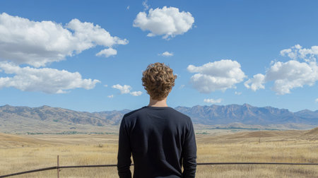 A young man stands with his back to the camera, gazing at a vast mountain landscape under a bright blue sky filled with fluffy clouds, embodying a spirit of adventure and contemplation.の素材