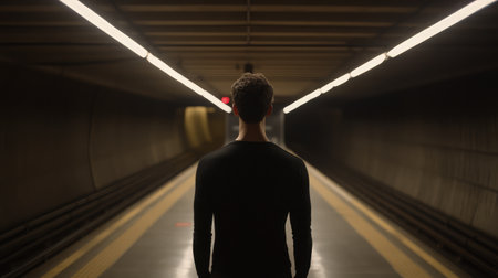 A solitary figure stands at an empty subway platform, captured in a moment of reflection amidst the urban environment, highlighting themes of isolation and contemplation.の素材