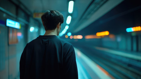 A person stands alone on a subway platform, immersed in thoughts as colorful lights shimmer around, capturing the essence of urban life and the anticipation of an impending journey.の素材