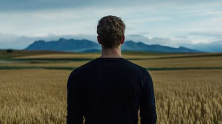 A lone man gazes thoughtfully from a golden wheat field towards distant mountains. This serene landscape evokes feelings of solitude, reflection, and connection with nature.の素材