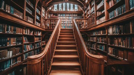 A stunning image showcasing a wooden staircase in a magnificent library, surrounded by tall bookshelves under soft natural light, perfect for inspiring study and exploration.の素材