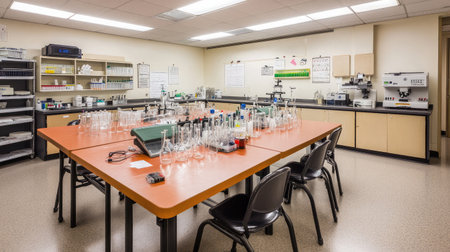 Spacious laboratory features a well-organized setup with various scientific instruments on a large table, providing an ideal space for experiments and research activities.の素材