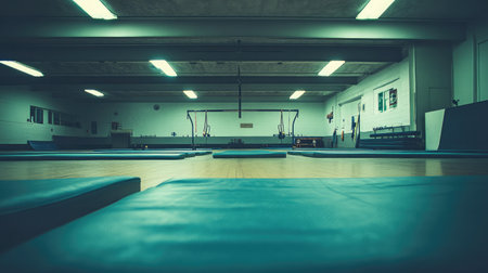 A serene view of an empty gymnastics studio featuring blue mats and equipment, illuminated by bright fluorescent lights, perfect for fitness-related imagery.の素材