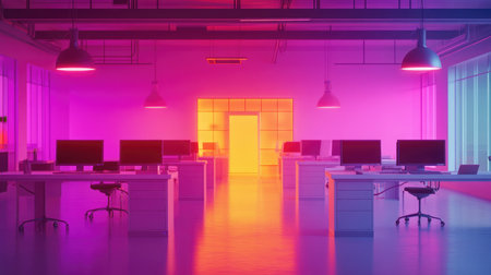 A modern office interior featuring vibrant neon lighting with empty desks and computers, showcasing minimalist design ideal for contemporary business environments.の素材