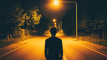 A solitary figure stands on an empty road at night, illuminated by warm streetlights, surrounded by dark trees, creating a serene atmosphere for reflection and introspection.の素材