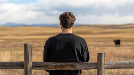 A young man sits on a wooden fence, gazing at the vast prairie landscape dotted with cows, under a dramatic cloudy sky that highlights the beauty of nature and solitude.の素材