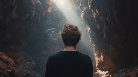 A young man stands alone in a secluded cave, captivated by the beam of light that shines from above, highlighting the natural beauty and mystery surrounding him.の素材