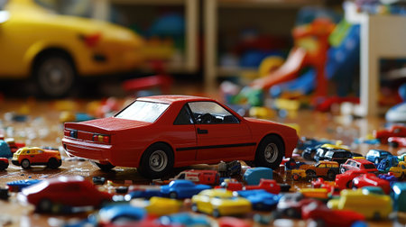 A vibrant scene showcasing a red toy car surrounded by colorful miniature vehicles on a cluttered floor, capturing the playful spirit of childhood and imaginative play.の素材