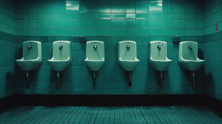 This image showcases a modern men's bathroom featuring stylish urinals against a backdrop of vibrant teal tiles, capturing a sleek and contemporary atmosphere ideal for design projects.の素材