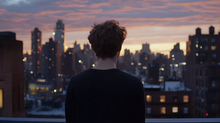 A young man stands on a rooftop, gazing at a stunning sunset over a modern city skyline, capturing the essence of solitude and reflection amidst urban beauty.の素材