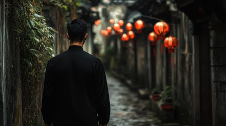 A solitary figure stands in a picturesque alleyway illuminated by lanterns, offering a glimpse into the beauty of tradition and calm in an enchanting urban setting.の素材