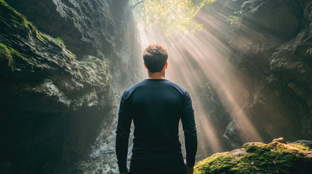 A solitary figure stands in a stunning forest setting, bathed in ethereal sunlight filtering through the trees, evoking a sense of peace and adventure in nature.の素材