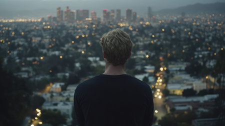 A young man stands on a hilltop, gazing at the sparkling city lights of Los Angeles against a twilight sky, capturing a moment of reflection and serenity in an urban setting.の素材