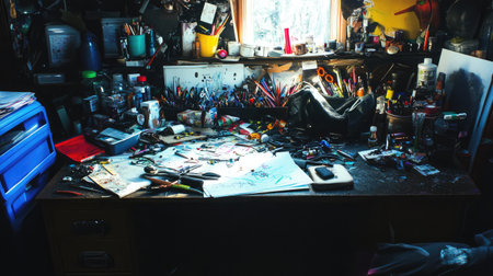 A vibrant artist workspace showcasing a chaotic yet inspiring environment filled with colorful tools and supplies, bathed in natural light to enhance creativity.の素材