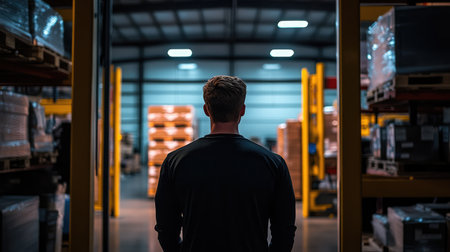 A warehouse worker stands in an aisle, gazing at organized inventory. The scene captures the essence of industrial work, emphasizing logistics and management in a bustling stockroom.の素材
