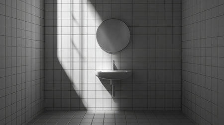 A serene and minimalist bathroom featuring white tiled walls, a round mirror, and a sleek sink illuminated by natural light for a calming atmosphere.の素材