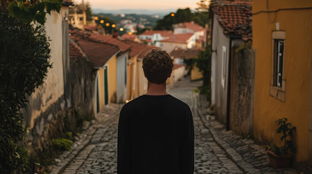 A young man experiences the beauty of a charming street at sunset, embracing the tranquility and scenic views of the historical town that surrounds him.の素材