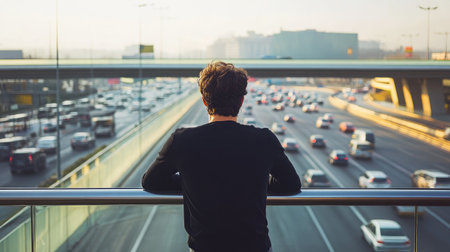 A young man stands on an overpass, gazing at the bustling city traffic below during golden hour, capturing a moment of reflection amidst the urban hustle.の素材