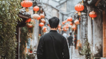 A serene scene featuring a man standing quietly in an ancient town, surrounded by vibrant red lanterns, inviting viewers to explore cultural heritage and tranquil beauty.の素材