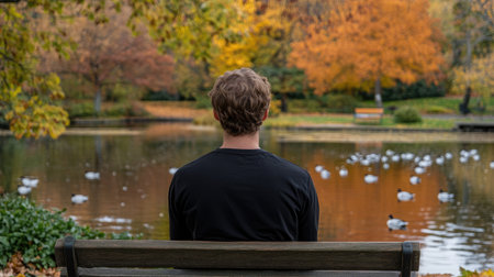 A contemplative man sits on a park bench by a calm lake, surrounded by colorful autumn leaves and ducks, embodying a moment of peace and reflection in nature.の素材