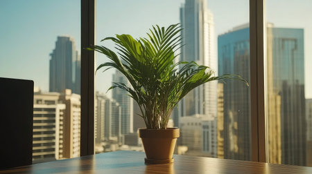 A vibrant indoor plant adds freshness to a modern office ambiance, complemented by a stunning city skyline visible through expansive windows. Perfect for wellness and productivity themes.の素材