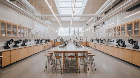 A bright and spacious science laboratory featuring workstations equipped for research and experiments. Ideal for educational settings, this modern design promotes learning and collaboration.の素材