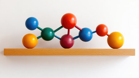 A vibrant and colorful molecular model displayed on a wooden shelf, ideal for educational settings, promoting interest in chemistry and scientific concepts in a playful manner.の素材