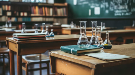 A neat science classroom showcases glass beakers and flasks on wooden desks, with shelves of books in the background and a chalkboard filled with scientific equations.の素材