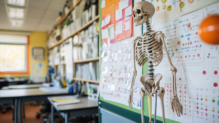 A life-size anatomical skeleton stands in a well-organized classroom filled with educational charts and resources, creating an inspiring atmosphere for biology learning.の素材