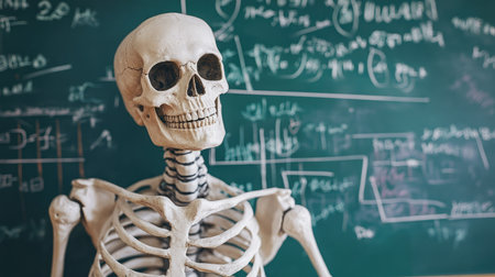 A detailed human skeleton model positioned in a classroom environment, next to a chalkboard covered with scientific calculations and diagrams, ideal for biology and anatomy education.の素材