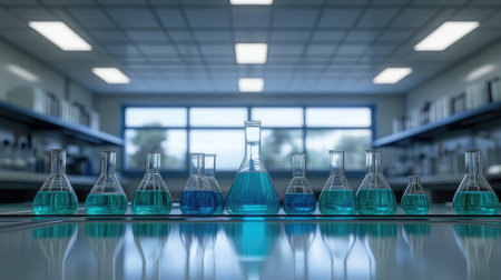 A vibrant laboratory display featuring various glass flasks filled with colorful liquids, highlighting the essence of scientific exploration and experimentation in a modern workspace.の素材