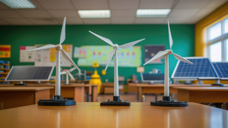 This image illustrates miniature wind turbines and solar panels in a classroom, emphasizing the importance of renewable energy education for inspiring future generations.の素材