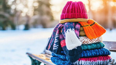 A vibrant collection of colorful knitted hats, scarves, and sweaters neatly stacked on a bench, set against a peaceful winter backdrop, embodying warmth and cozy fashion.の素材