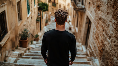 A young man strolls down the picturesque stone steps of an ancient city. The captivating surroundings showcase rich architecture and vibrant greenery, inviting exploration.の素材