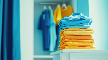 A vibrant display of neatly stacked colorful t-shirts in shades of blue and yellow, showcasing a stylish and organized wardrobe in a bright minimalist space.の素材