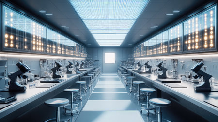 A sleek, modern laboratory filled with microscopes and scientific equipment, designed for advanced research and experimentation in a sterile, bright environment.の素材