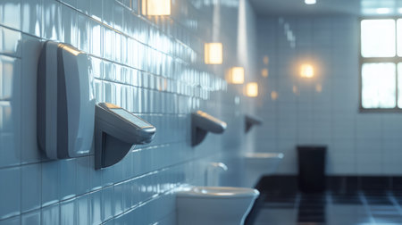 Bright and spacious modern restroom interior with clean tiles, contemporary fixtures, and effective lighting, highlighting hygiene and comfort in a public space.の素材