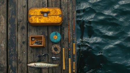 A captivating arrangement of vintage fishing gear on a rustic dock, showcasing rods, tools, a tackle box, and a fresh catch, ideal for outdoor enthusiasts and fishing lovers.の素材