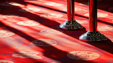 Close-up of stanchion bases casting shadows across a red carpet runnerの素材