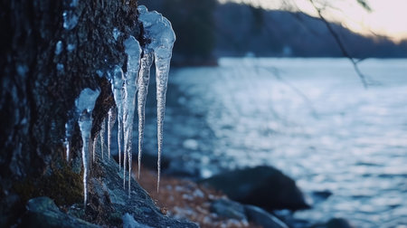 Cliffs lined with icicles during winter thaw with glistening frozen runoffの素材