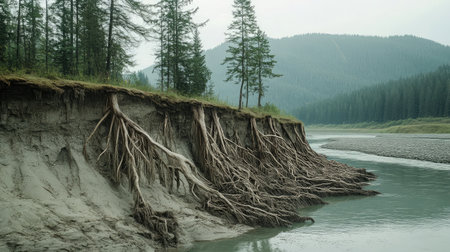 Eroded cliffs along a river bend with exposed roots and sediment layersの素材
