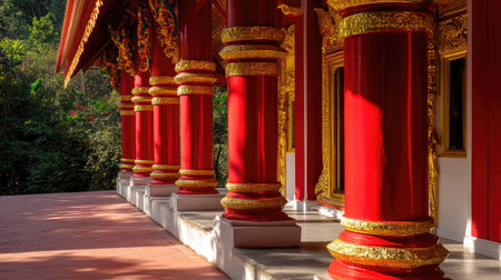Bright red temple pillars contrast with gold trim and white stone base in the warm sunlightの素材