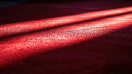 Close-up of red carpet texture under studio lights with crisp shadowsの素材