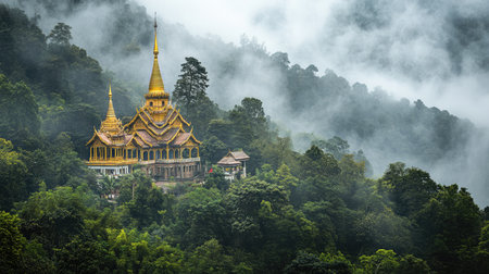 Distant view of a Thai temple nestled in the forested hillside with early morning fogの素材