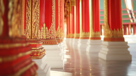 Bright red temple pillars contrast with gold trim and white stone base in the warm sunlightの素材