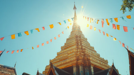 Gold-plated Thai stupa glimmering in the midday sun, surrounded by prayer flagsの素材