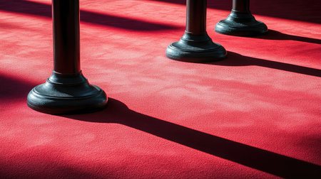 Close-up of stanchion bases casting shadows across a red carpet runnerの素材